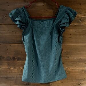 SHEIN Teal Eyelet Ruffle Sleeve Blouse
